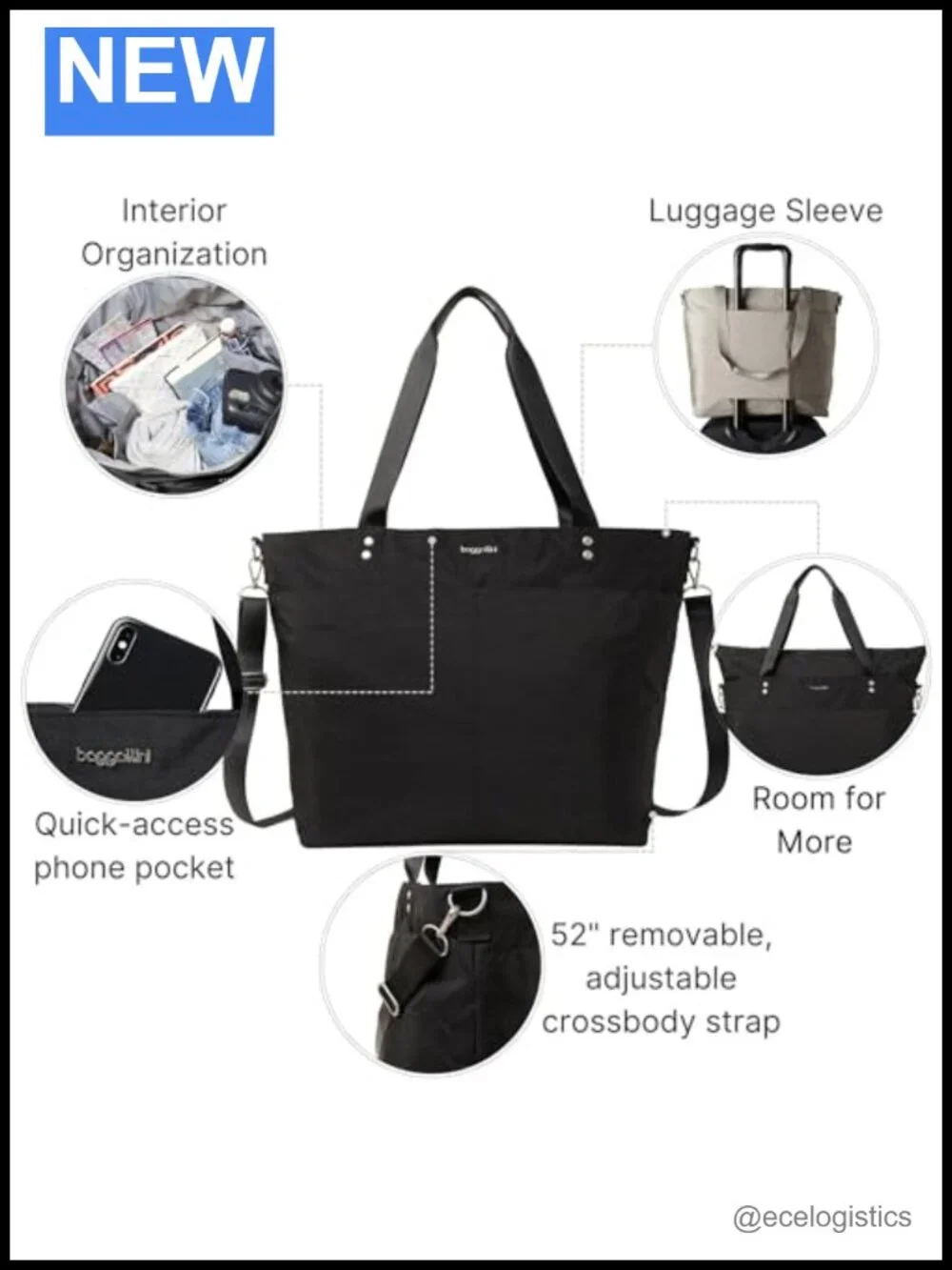 Lightweight Nylon Zip Top Carryall Tote with Luggage Sleeve
